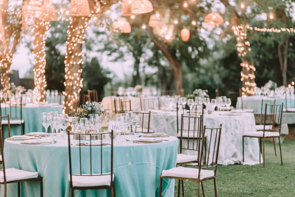 Elegant outdoor wedding reception with string lights and decorated tables, perfect for a rustic vintage vibe.